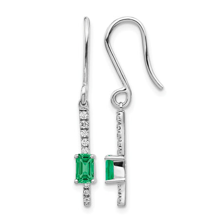 14k White Gold Dangle Earrings with Emerald and Diamond, Modern Drop Design for Women