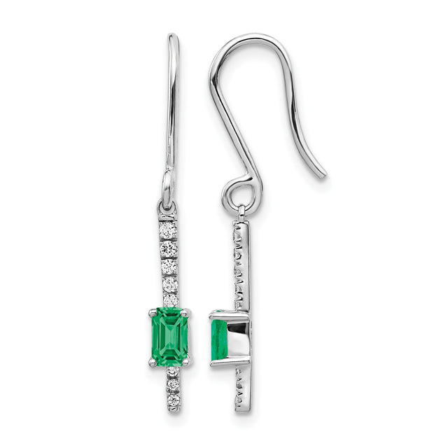 14k White Gold Dangle Earrings with Emerald and Diamond, Modern Drop Design for Women