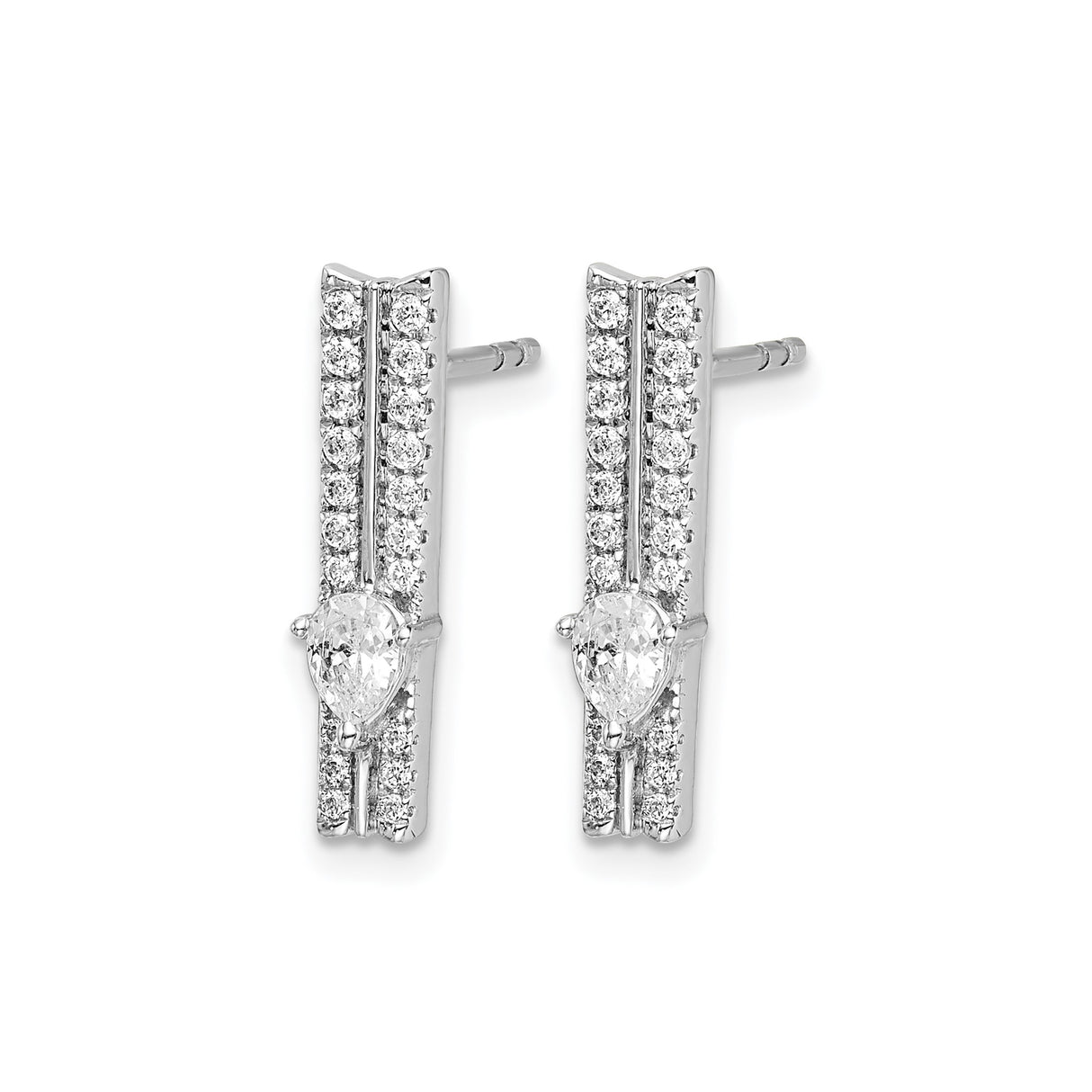 14k White Gold Bar Stud Earrings with Round and Pear Cubic Zirconia, Modern Design