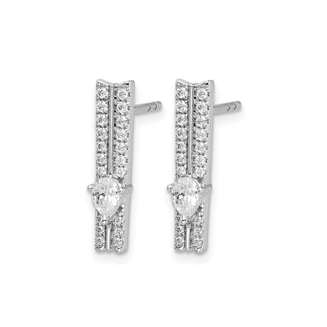 14k White Gold Bar Stud Earrings with Round and Pear Cubic Zirconia, Modern Design