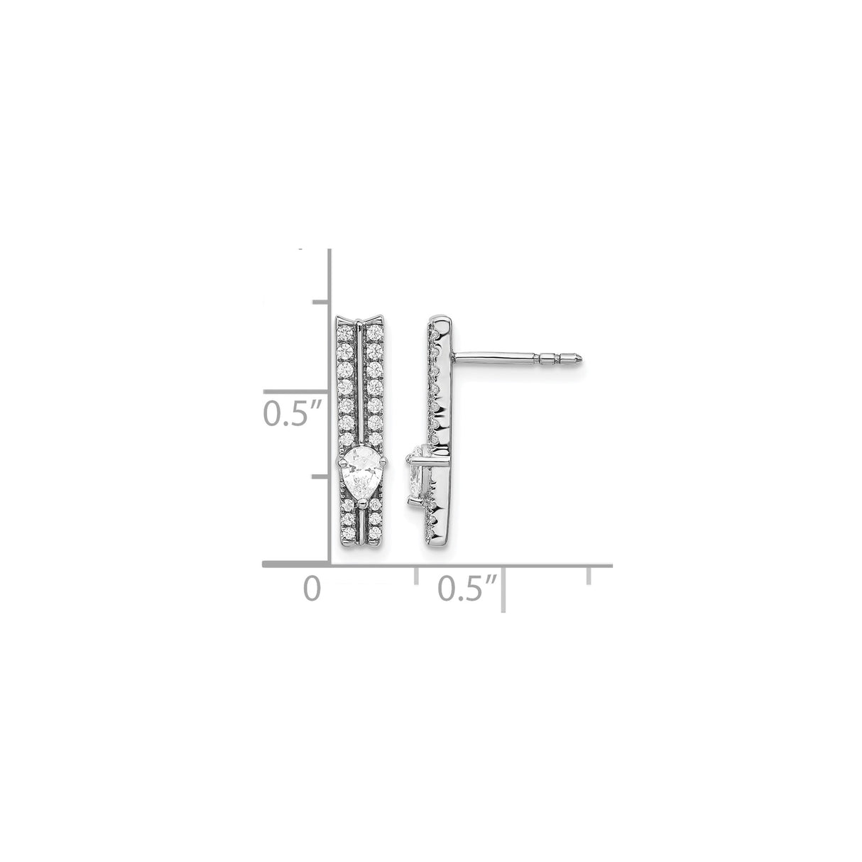 14k White Gold Bar Stud Earrings with Round and Pear Cubic Zirconia, Modern Design