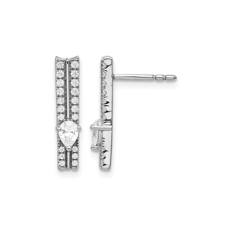 14k White Gold Bar Stud Earrings with Round and Pear Cubic Zirconia, Modern Design