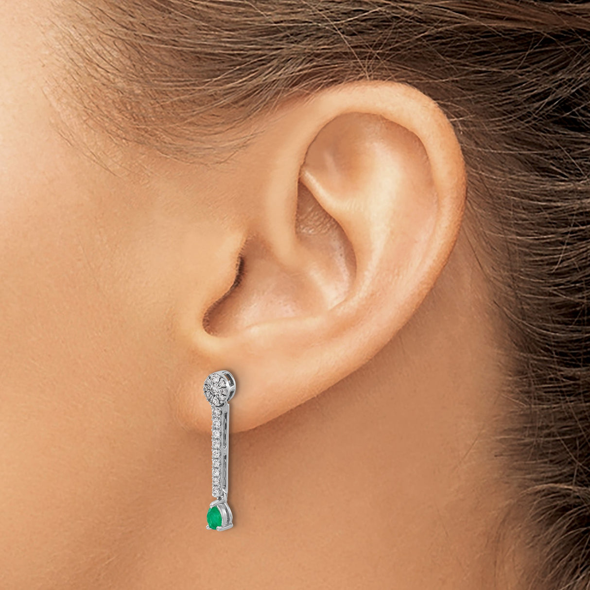 14k White Gold Drop Earrings with Pear Shaped Emerald and Diamond Accents
