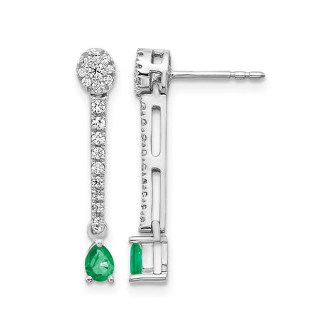 14k White Gold Drop Earrings with Pear Shaped Emerald and Diamond Accents