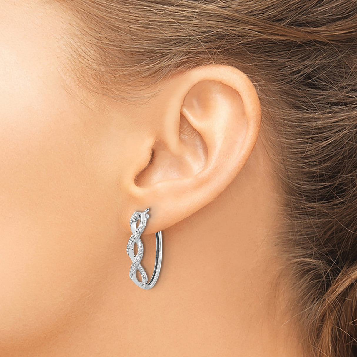 14k White Gold Hoop Earrings with Diamond Accents, Twisted Intertwined Design