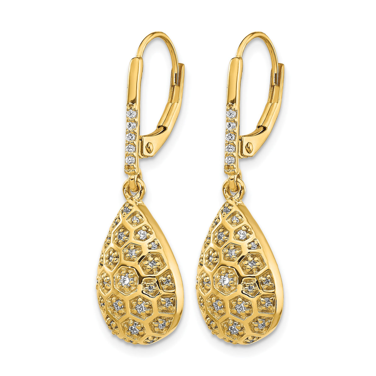 14k Yellow Gold Drop Earrings with Diamond, Teardrop Honeycomb Design, Leverback Clasp