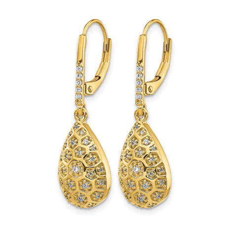 14k Yellow Gold Drop Earrings with Diamond, Teardrop Honeycomb Design, Leverback Clasp