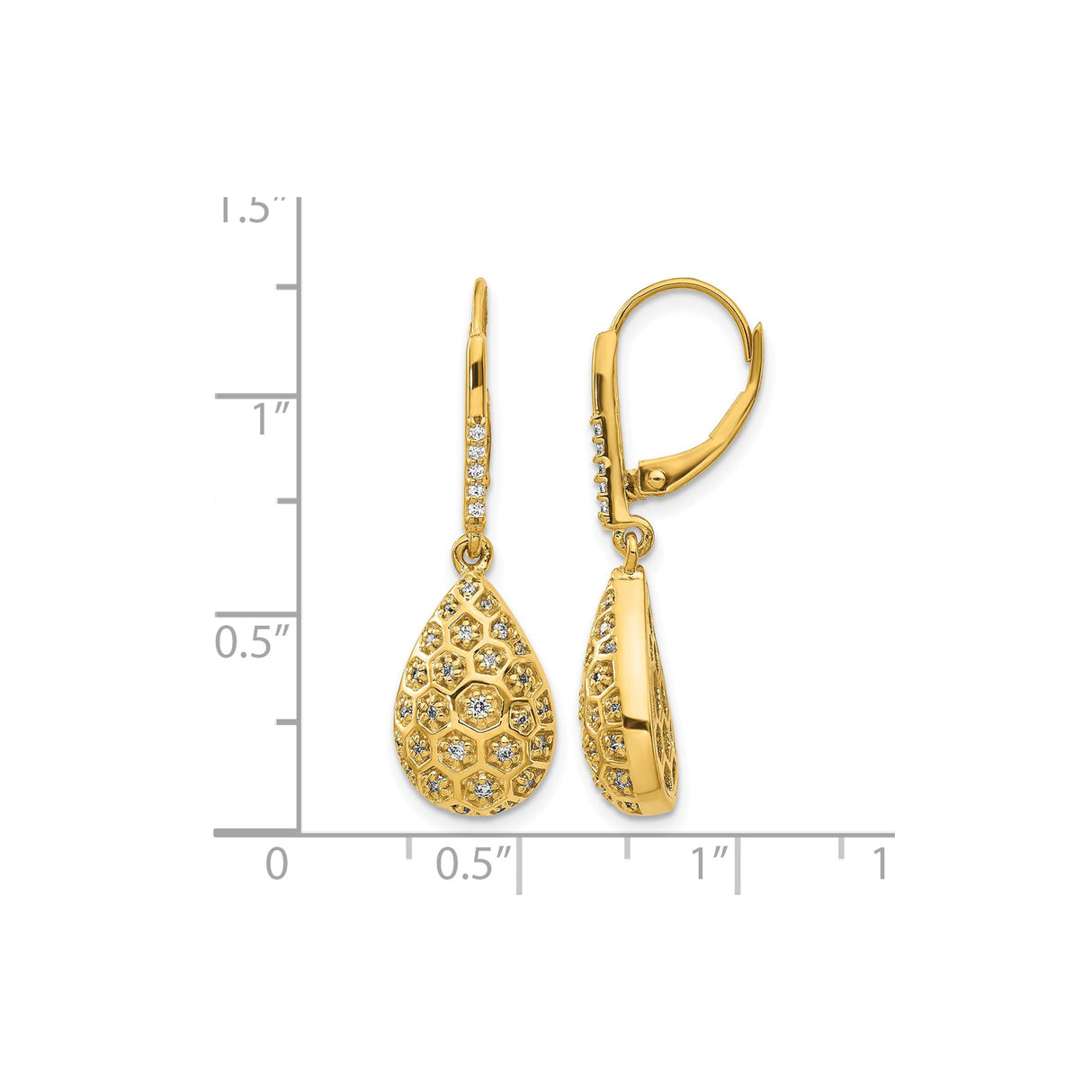 14k Yellow Gold Drop Earrings with Diamond, Teardrop Honeycomb Design, Leverback Clasp