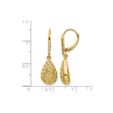 14k Yellow Gold Drop Earrings with Diamond, Teardrop Honeycomb Design, Leverback Clasp