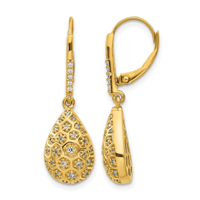 14k Yellow Gold Drop Earrings with Diamond, Teardrop Honeycomb Design, Leverback Clasp