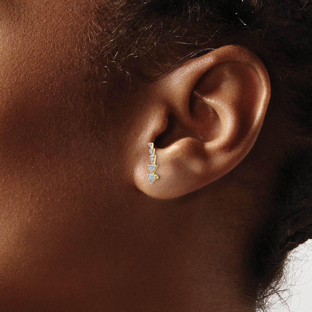 14k Yellow Gold Ear Climber Earrings with Diamond, Pavé Triangle Minimalist Design