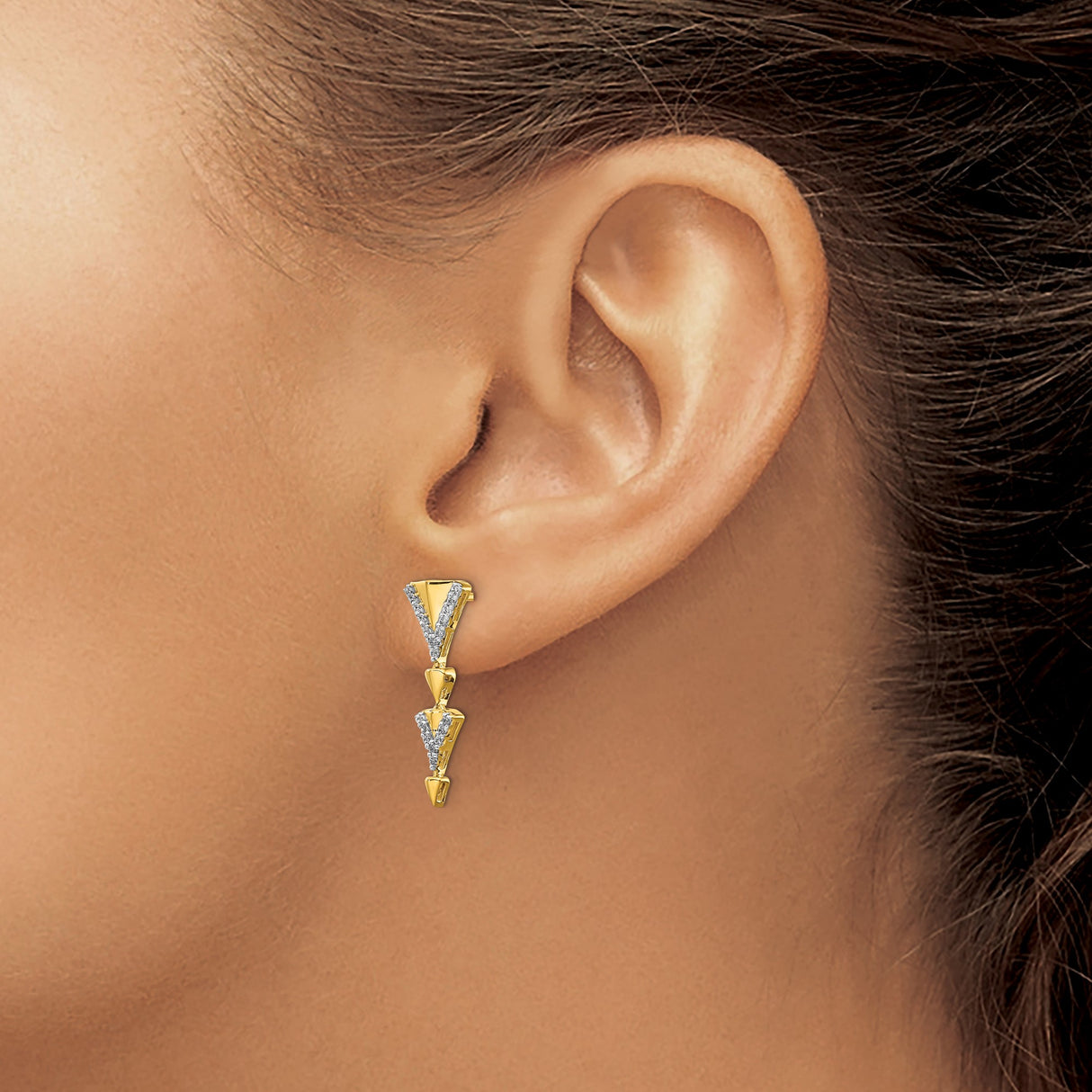 14k Yellow Gold V-Shaped Drop Earrings with Diamonds, Geometric Modern Style