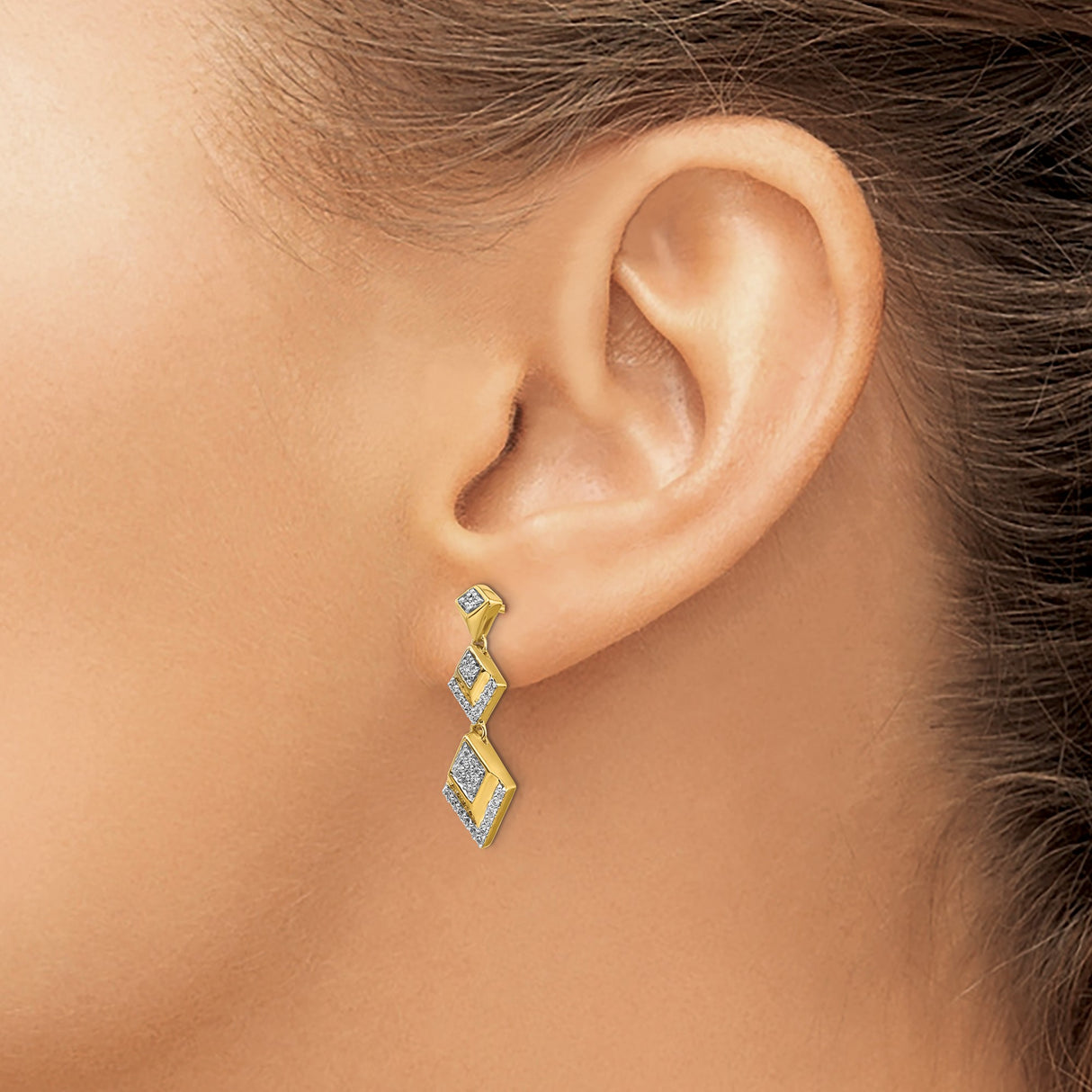 14k Yellow Gold Dangle Earrings with Triple Diamond Drop, Geometric Long Style for Women