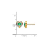 14k Yellow Gold Heart Stud Earrings with Emerald Center and Diamond Accents for Women