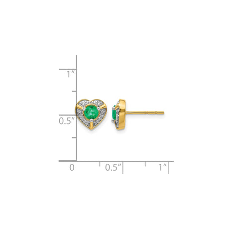 14k Yellow Gold Heart Stud Earrings with Emerald Center and Diamond Accents for Women