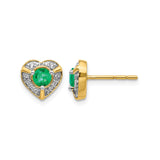 14k Yellow Gold Heart Stud Earrings with Emerald Center and Diamond Accents for Women