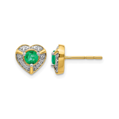 14k Yellow Gold Heart Stud Earrings with Emerald Center and Diamond Accents for Women