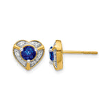 14k Yellow Gold Heart Shaped Stud Earrings with Sapphire and Diamond Accents
