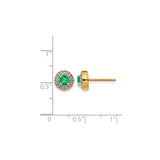 14k Yellow Gold Stud Earrings with Round Emerald and Diamond Halo Bezel Setting