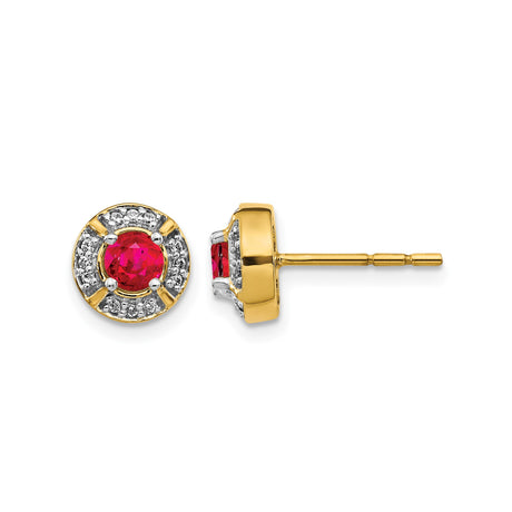 14k Yellow Gold Ruby Stud Earrings with Diamond Halo Accents, Classic Bridal Jewelry