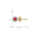 14k Yellow Gold Stud Earrings with Ruby Center and Diamond Halo