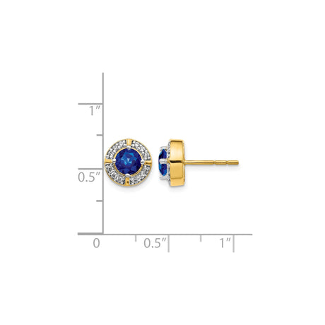 14k Yellow Gold Stud Earrings with Blue Sapphire and Diamond Halo