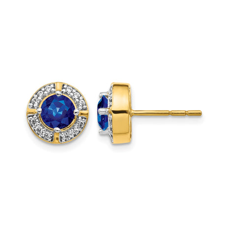 14k Yellow Gold Stud Earrings with Blue Sapphire and Diamond Halo