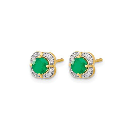 14k Yellow Gold Emerald Stud Earrings with Diamond Halo in Floral Design