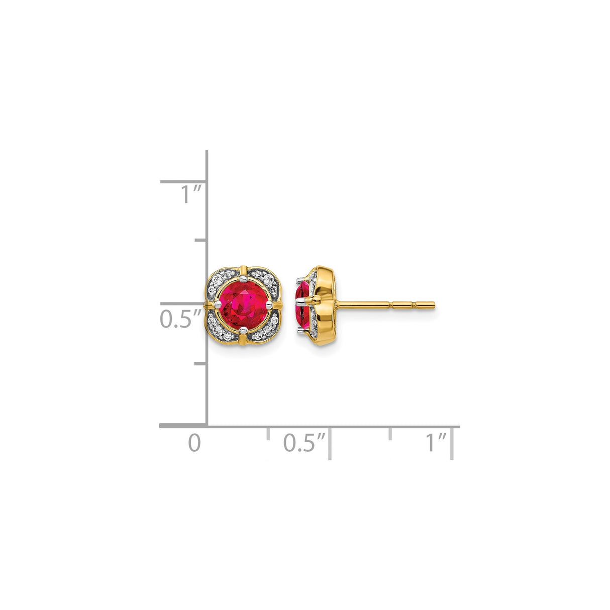 14k Yellow Gold Stud Earrings with Ruby and Diamond in Floral Halo Setting