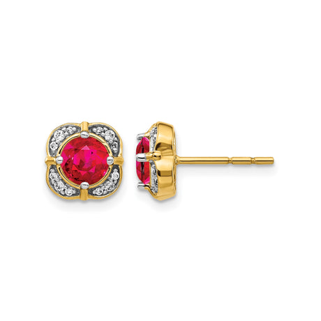 14k Yellow Gold Stud Earrings with Ruby and Diamond in Floral Halo Setting