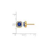 14k Yellow Gold Stud Earrings with Round Sapphire and Diamond Halo Floral Setting