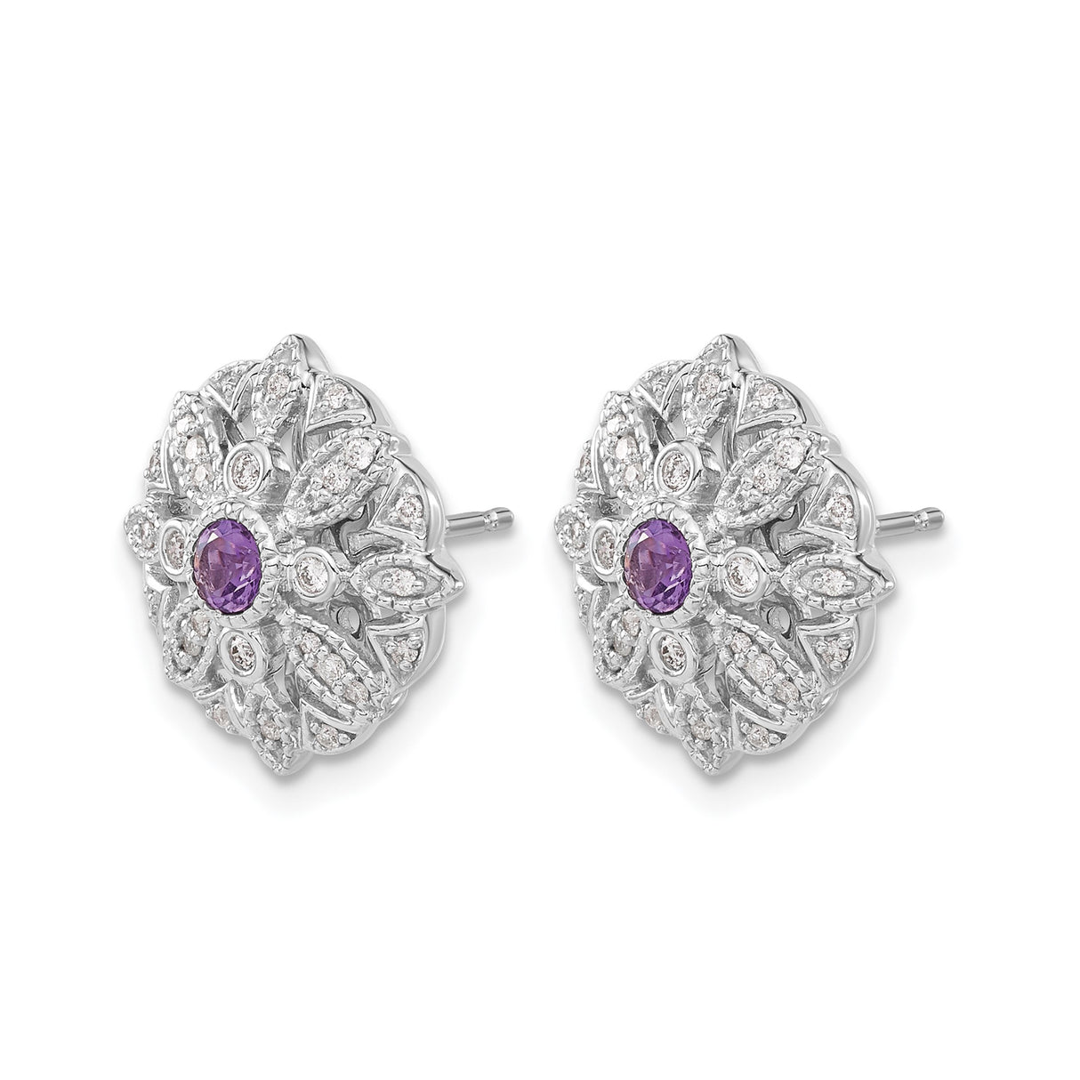 14k White Gold Stud Earrings with Amethyst and Diamond Accents, Floral Mandala Design