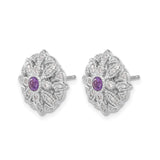 14k White Gold Stud Earrings with Amethyst and Diamond Accents, Floral Mandala Design