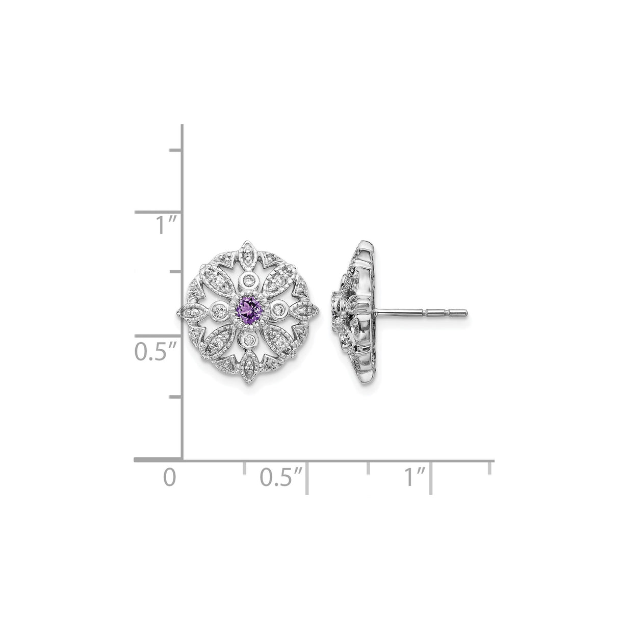 14k White Gold Stud Earrings with Amethyst and Diamond Accents, Floral Mandala Design