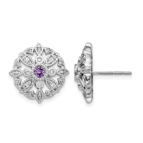 14k White Gold Stud Earrings with Amethyst and Diamond Accents, Floral Mandala Design