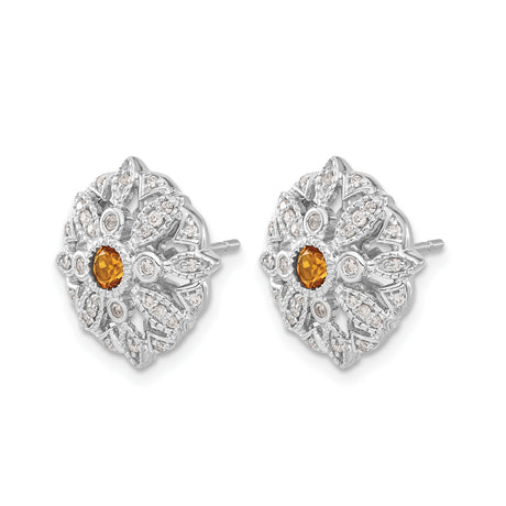 14k White Gold Stud Earrings with Citrine and Diamond Accents, Floral Mandala Vintage Style