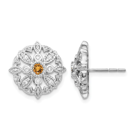14k White Gold Stud Earrings with Citrine and Diamond Accents, Floral Mandala Vintage Style