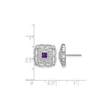 14k White Gold Stud Earrings with Amethyst, Diamond Accents, Vintage Filigree Design