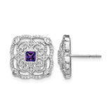 14k White Gold Stud Earrings with Amethyst, Diamond Accents, Vintage Filigree Design