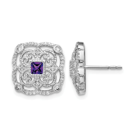 14k White Gold Stud Earrings with Amethyst, Diamond Accents, Vintage Filigree Design