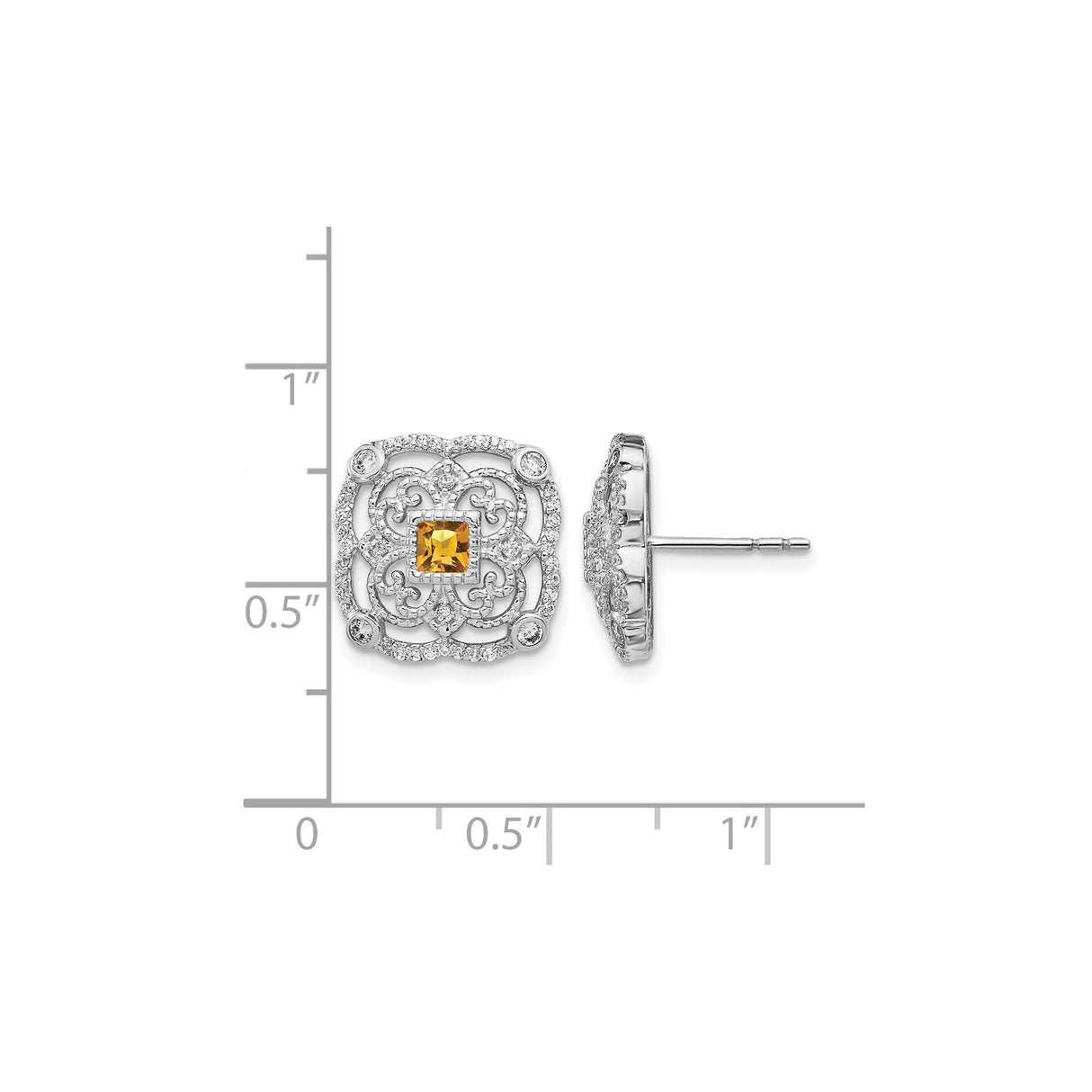 14k White Gold Stud Earrings with Square Citrine and Diamond Accents, Vintage Filigree Style