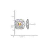 14k White Gold Stud Earrings with Square Citrine and Diamond Accents, Vintage Filigree Style