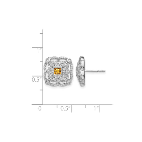 14k White Gold Stud Earrings with Square Citrine and Diamond Accents, Vintage Filigree Style