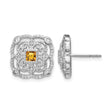 14k White Gold Stud Earrings with Square Citrine and Diamond Accents, Vintage Filigree Style