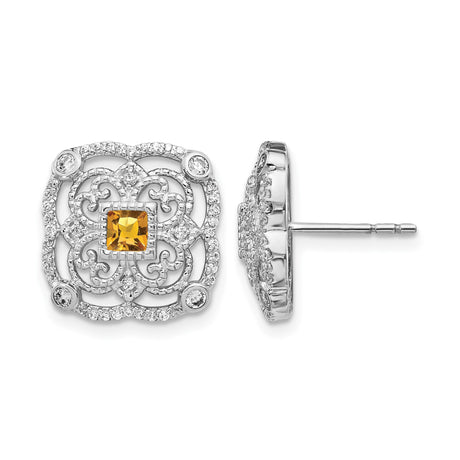 14k White Gold Stud Earrings with Square Citrine and Diamond Accents, Vintage Filigree Style
