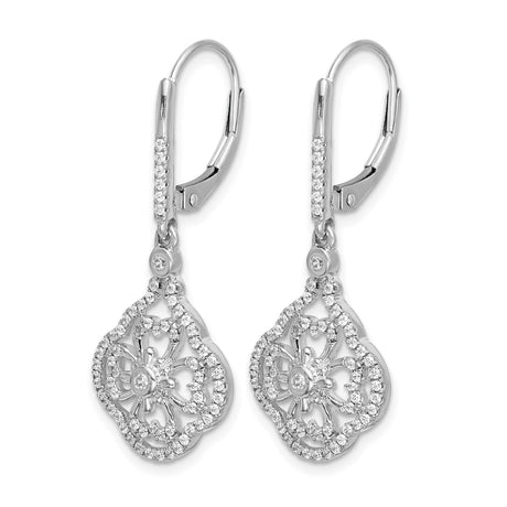 14k White Gold Dangle Earrings with Diamond Accents, Floral Filigree, Leverback Drop Style