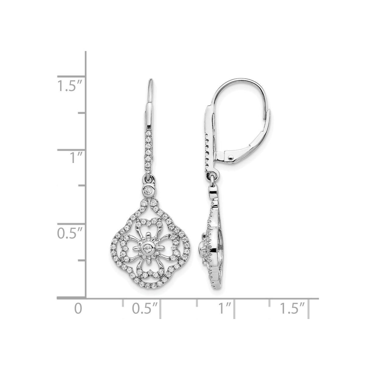 14k White Gold Dangle Earrings with Diamond Accents, Floral Filigree, Leverback Drop Style