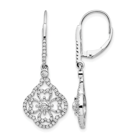 14k White Gold Dangle Earrings with Diamond Accents, Floral Filigree, Leverback Drop Style