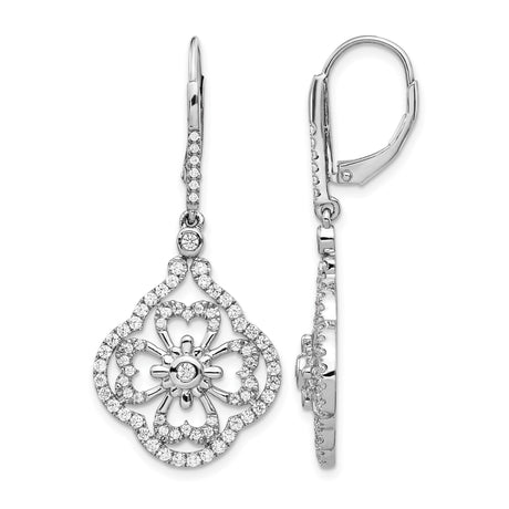 14k White Gold Dangle Earrings with Diamond Pavé, Floral Filigree Design, Leverback Style