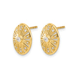 14k Yellow Gold Oval Stud Earrings with Diamond Center and Sunburst Design